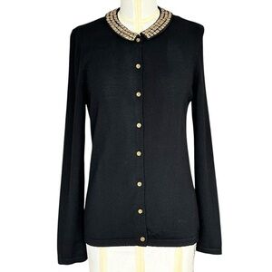 J. McLaughlin Black Merino Wool Cardigan Sweater Gold Studded Collar Size Medium